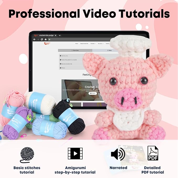 CrochetBox Crochet Kit for Beginner, Pig Easy Learn How to Crochet Stuffed Animals Gift for Adults and Teen(), Knitting Set with Yarn Hook Stitch-by-Stitch Video Tutorial(30%+ Yarn)