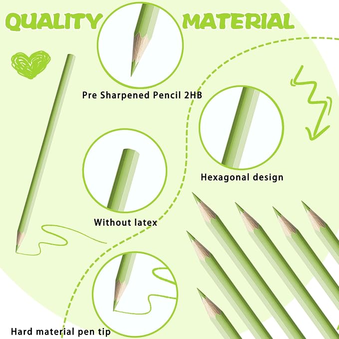 36 PCS Macaron Green Colored Pencils Pre Sharpened Pencil 2 HB - Ideal for Checking, Grading, Tests & Office/School Supplies