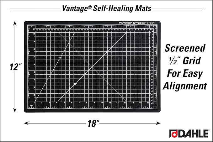 Dahle Vantage 10791 Double-Sided Premium Self-Healing Cutting Mat, 12"x18", 1/2" Grid, 5 Layers for Max Healing, Perfect for Crafts & Sewing, Black