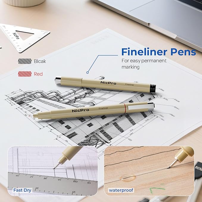 Nicpro 21PCS Professional Drafting Tools & Geometry Set with Case | Architect Compass & Protractor Set, Metal Pencils Pens, Scale Metal Ruler, 5 Drawing Templates for Interior House Plan Design