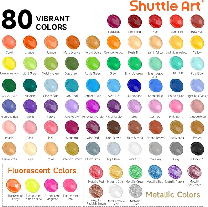 Shuttle Art 80 Colors Acrylic Paint, Acrylic Paint set with 12 Paint Brushes, 2oz/60ml Bottles, Rich Pigmented, Premium Paints for Artists, Beginners and Kids on Canvas Rocks Wood Ceramic