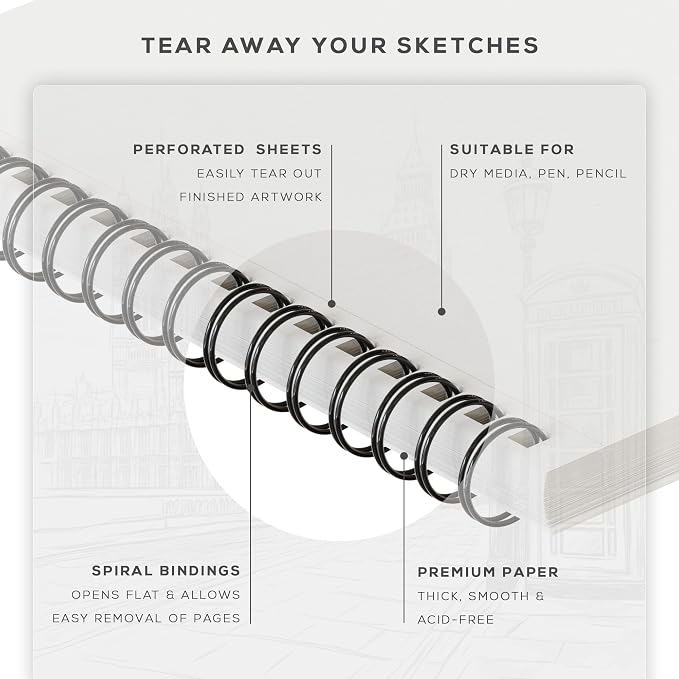 Beechmore Books 9x12 Top Spiral Sketchbook 140 GSM 100 Perforated Pages | Acid-Free White Paper, Artist Sketch Pad & Drawing Notebook, Art Supplies for Adults, Artists, Students & Teens