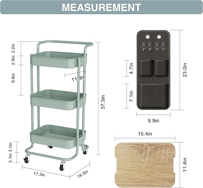 DTK 3-Tier Rolling Cart with Table Top, Metal Utility Cart with Side Bags