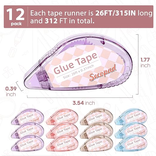 Secopad Scrapbook Tape, Glue Tape for Crafts, 12 Pack, Light-Colored Shell | 0.3IN x 26FT, Sticky & Safe, Double Sided Tape for Crafts, Scrapbooking Junk Journaling Supplies, For School Office Teachers