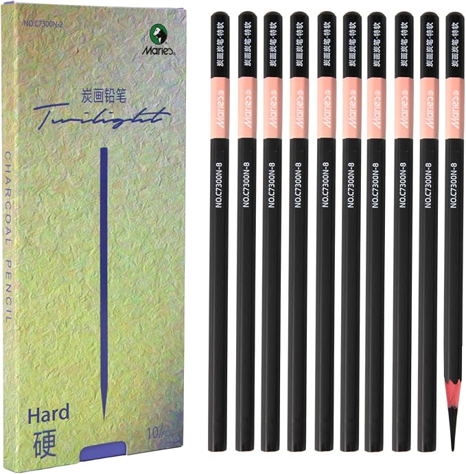 Marie's Charcoal Pencils for Drawing, 10 Pieces, Extra Hard Hard Medium Soft Extra Soft, Sketching Pencils for Artists, Smooth Charcoal Core for Layering, Blending and Detailed Artwork(Hard)