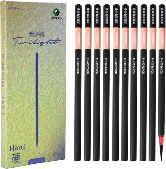 Marie's Charcoal Pencils for Drawing, 10 Pieces, Extra Hard Hard Medium Soft Extra Soft, Sketching Pencils for Artists, Smooth Charcoal Core for Layering, Blending and Detailed Artwork(Hard)