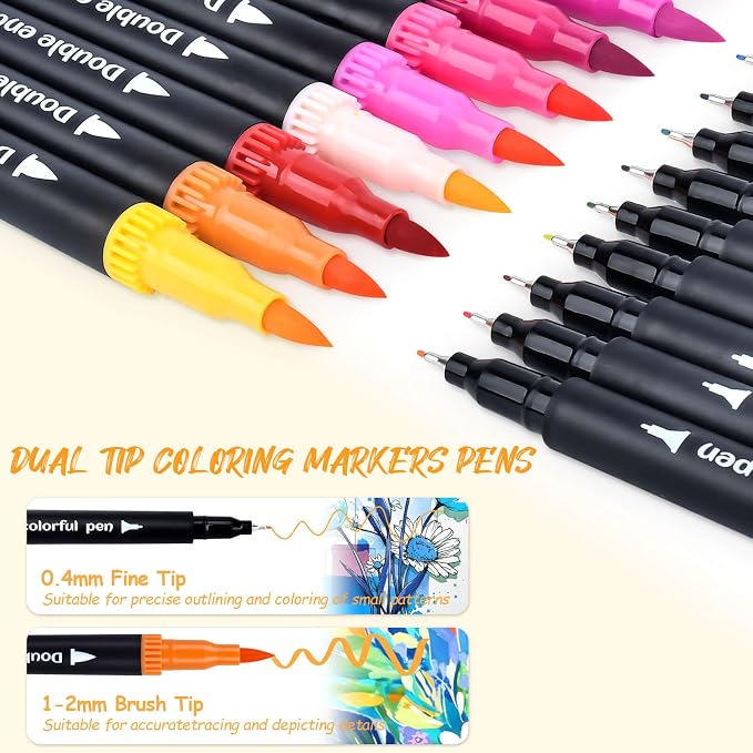 MIN CI 120 Colors Dual Tip Markers, Fine Tip and Brush Tip Permanent Coloring Markers for Drawing Art Supplies, Dual Marker s Brush Pens Kit for Adult Coloring Book, School Supplies, DIY Crafts