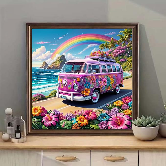 mrpwnle Diamond Art Kits for Adults, Bus Flowers Diamond Painting Kits | Bus Flowers Diamond Art Painting Kits for Adults Beginners, DIY Full Round Drill Gem Art Kits for Home Decor Gifts 12X12 Inch