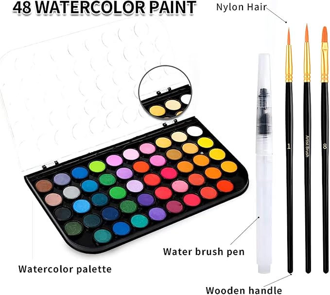 GETHPEN 48 Colors Watercolor Paint Set with 4 Brushes Pen, Travel Design | Washable Watercolor Kit with palette, 3 Brushes 1 Watercolor Brush Pens,Detachable Palette, Adults Students Artists