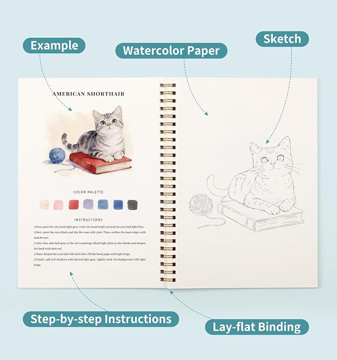 Watercolor Workbook with 12 Animal Patterns, 50 Colors Watercolor Paint Set | Water Coloring Book, Beginner-Friendly Watercolor Workbooks for Creative Exploration Gift for Adults