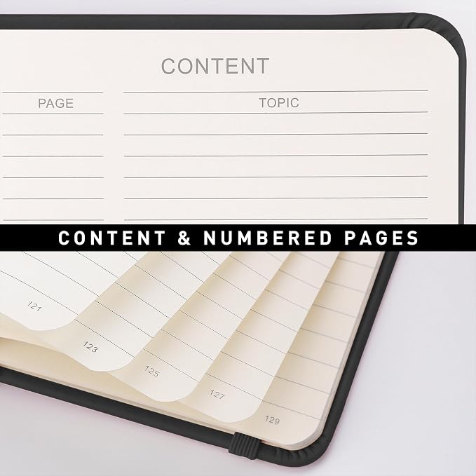 RETTACY Lined Journal Notebook, 192 Numbered Pages, A5 Size (5.7'' x 8.3'') | Leather Hardcover, 100 GSM Thick Paper, for Men & Women, Journaling, Writing, Work & Office (Black)
