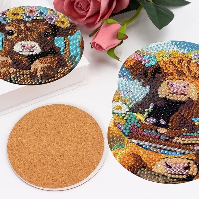 mrpwnle 8 Pcs Diamond Art Coasters Kits, Cow Diamond Painting Coasters Kits