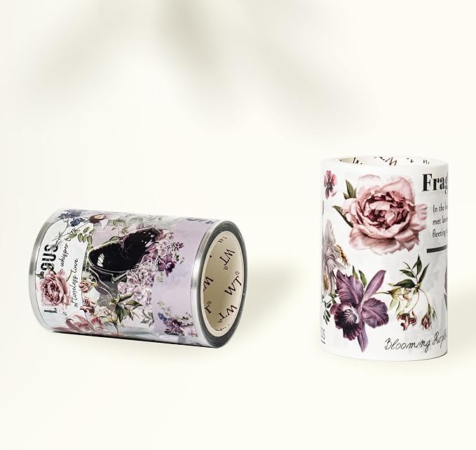 WT Pre-Cut Violet Veil Wide PET Tape, Single Roll, Soft Lilac Blossoms & Misty Backgrounds with Elegant Script, Transparent Decorative Tape for Journaling, Scrapbooking, Planner, DIY Crafts, 65mm x 5m