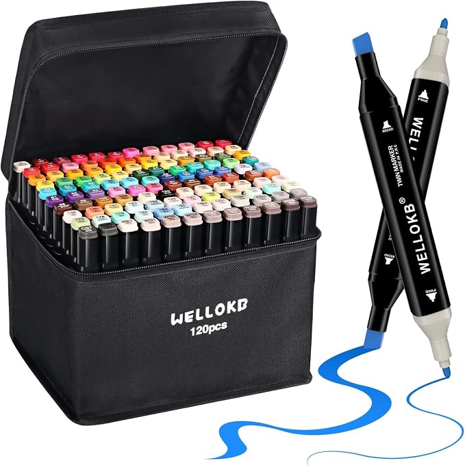WELLOKB Alcohol Markers, 120 Colors Dual Brush Tip Permanent Art Markers for Drawing,for Adult Coloring, Alcohol, Based Ink Ideal for Book Painting and Card Making