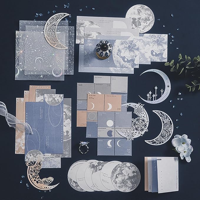 Doraking 63PCS Moon Embellishment Scrapbook Paper Packs for Journaling
