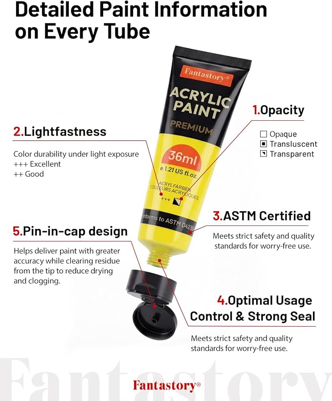 Fantastory 36ml 18 Colors Professional Acrylic Paint Set with 10 Brushes | Designed for Demanding Projects on Canvas, Wood, Stone, and Model Building