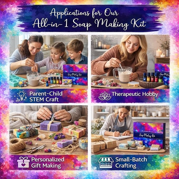 Soap Making Kit for Adults, Make Your Own Soap with Melt & Pour - DIY | Gentle soap supplies 6 Essential Oils Silicone Soap Mold Spoon Dried Flowers 1.5lbs Goats Milk Soap Base, 4 Dyes, Labels