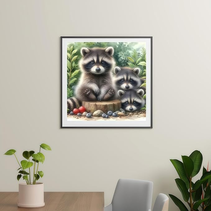 5D Animals Diamond Painting Kits for Adults,Raccoon Family Diamond Art Kits | DIY Full Drill Diamond Dot Gem Painting for Home Wall Decor 13.78x13.78inch