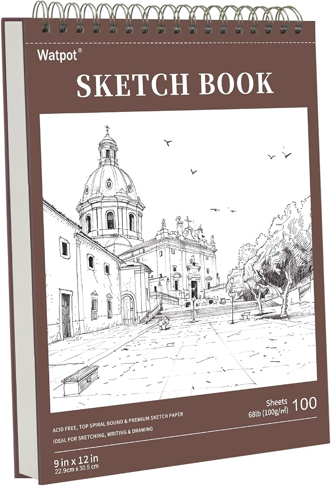 9" x 12" Hard Cover Sketch Book, Top Spiral Bound Sketch Pad, 100 Sheets 68lb/100gsm Drawing Paper, 1 Pack