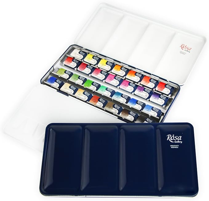 ROSA Gallery Botanical Watercolor Paint Set, Vibrant Kit Designed by Professional Artists, Washable, High Lightfastness Pigments, Made in Ukraine, Packed in Metal Paint Box, 28 Ct.