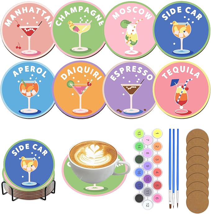 8 Pack Cocktail Paint by Numbers Kits Coasters with Holder Cork Pads | Drinks Paint by Number Kits for Adults Simple Round Oil Painting Coaster for Small DIY Craft Holiday Birthday Gift 3.9x3.9in