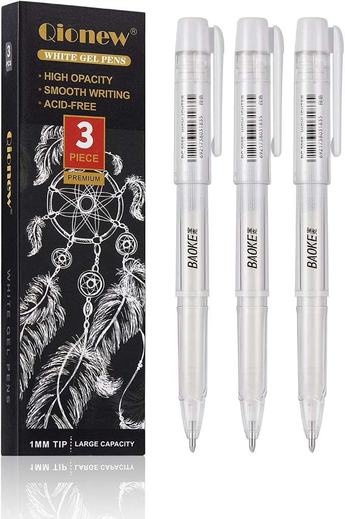 Qionew White Gel Pen Set, 1mm Gel Ink Pens Opaque White Archival Ink Pens for Black Paper Drawing, Sketching, Illustration, Card Making, Bullet Journaling