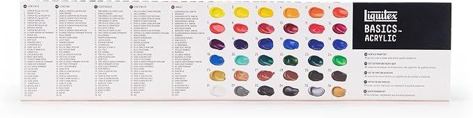 Liquitex BASICS Acrylic Paint Set, 36 x 22ml (0.74-oz) Tube Paint Set | Medium Viscosity, Satin Finish, Lightfast, Fine Art Pigments, Range of Opacities, Easy Blending