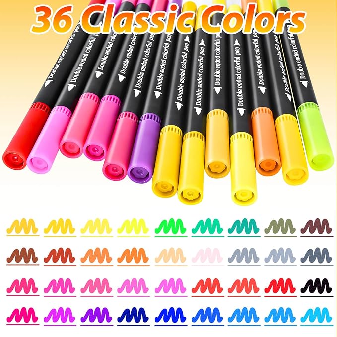 Coloring Markers, Dual Fine Tip And Brush Tip Markers Pens for Adult Coloring Book, 36 Colors Dual Marker Water-Based, Art Drawing Supplies Marker s Kit for Calligraphy, Illustrations, DIY Crafts