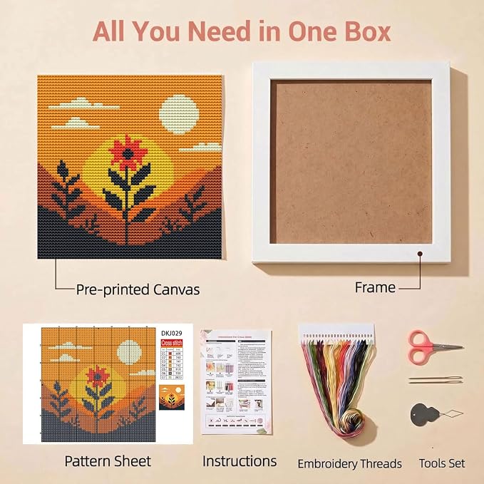 Sunset Floral Landscape Stamped Cross Stitch Kits for Adults with Framed | Flowers Needlepoint Counted Cross Stitch Kits for Beginners Adults with Framed Embroidery Kits Arts and Crafts 6 x 6 inch