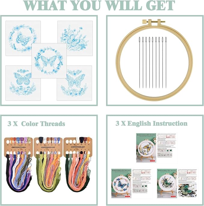 GLTAYLMY 3 Sets Butterfly Embroidery Starter Kit for Beginners Flower Stamped Cross Stitch Kits with Instructions for Beginners Adults Include Embroidery Hoop Threads and Needles