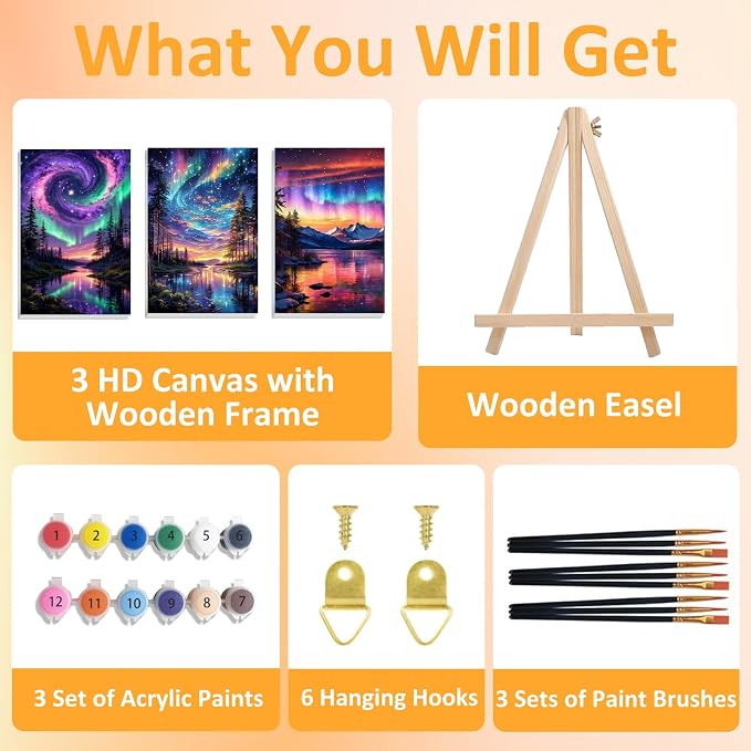 Mandun Aurora Paint by Numbers Kit for Adults, 3 Pack, 7.8x11.8 inch | DIY Painting Kits Crafts for Adults, Relieve Stress, Frame Canvas, Wooden Easel, Gift Box, Home Wall Decor