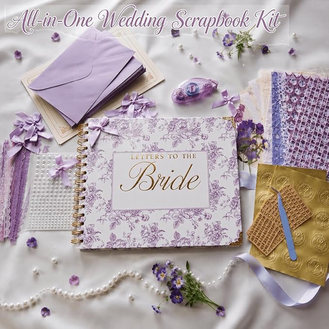 Ratutodax Letters to The Bride Scrapbook Kit,10"x8" DIY Wedding Guest Book | Purple Floral;Lay-flat gold coil design;50 blank pages of 180gsm;Fits 5" x 7" photos;160+ accessories;Bridal Shower Gift