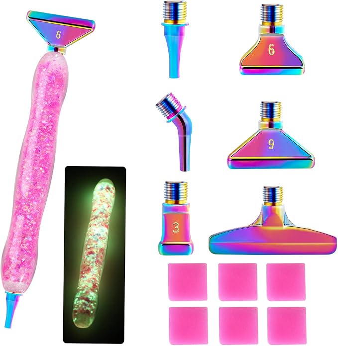 Snewvie Diamond Painting Pen Accessories Tools Set,1PCS Luminous Diamond Art Pen and 6Pcs Colorful Metal Screw Thread Multi Placer Tips