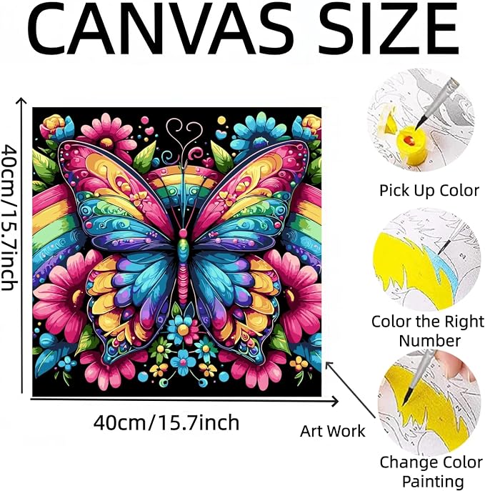DOTSTART Paint by Numbers Kit for Adults, Rainbow Butterfly Canvas Adult Paint by Number Kits, Acrylic Paint by Number Canvas for Adult Beginners, Home Wall Art Decor,Unframed, 16X16 inch