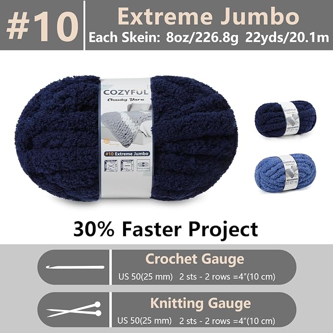 Cozyful Chunky Yarn for Hand Knitting - #10 Chunky Chenille Yarn, Jumbo Big Thick Chunky Yarns for Crocheting, Super Bulky Chunky Knit Blanket Yarns, 8 Skein (22yd, 8oz/Skein), Country & Navy
