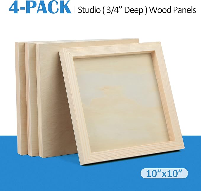 Falling in Art 4 Pack 10x10’’ Unfinished Birch Wood Panels Kit for Painting | Studio 3/4’’ Deep Wooden Canvas, Cradle Boards for Acrylic Pouring, Art, Crafts, Epoxy Resin, Laser Engraving Cutting