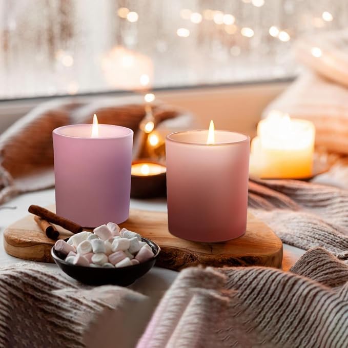 SHOWIN 8 OZ Thick Candle Jars for Making Candles 15 Pcs, Empty Jars with Wood Lids for Candle Making, Sample Container, Matte Pink