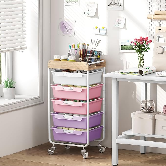 SYKIARIOL Utility Cart with 5 Labeling Drawers and Wooden Tabletop,Purple | Rolling Storage Cart for Crafters, Artists, Kids, Teachers, and Students – Organize Arts, Crafts, Sewing & Study Supplies