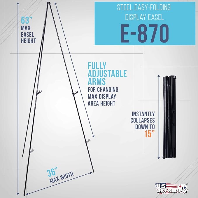 U.S. Art Supply 63" High Metal Folding Display Easel - Adjustable Height
