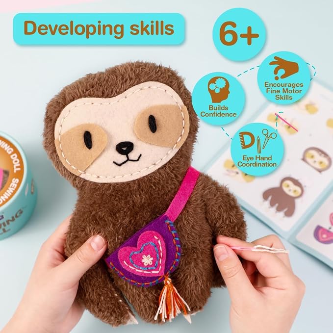 Avenir My First Sewing Kit for Kids 6-8, Sloth Stuffed Animal Craft Set