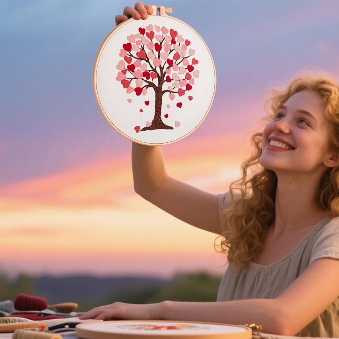 Love Heart Tree Embroidery Kits for Beginners Adults, Valentine's Day Hand Embroidery Kits, Cross Stitch Kits for Adult Anniversary Valentine's Gift, Entire Set of Embroidery Supplies & Video Tutorial