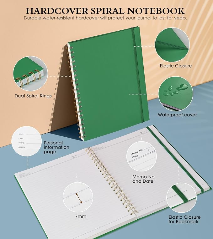 Spiral Notebook Journal 8.5” x 11”, A4 Large Notebooks for Women Men, College Ruled Lined Journal, 100 GSM Paper, Hardcover Spiral Bound Journals for Work School Writing Note Taking Business, Green