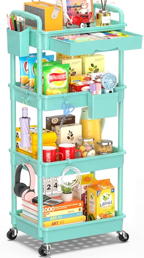 SUNALLY 4 Tier Rolling Cart with Drawer, Craft Storage Cart Organizer, Blue