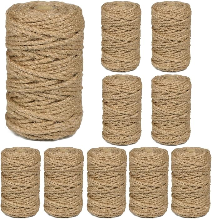 10Pack 5mm Natural Jute Twine Rope 1050 Feet Twisted Heavy Duty Thick Twine for Cat Scratching Post Tree Craft Projects Garden Home Decoration Packing Bundling (Brown-105Feet/Roll)