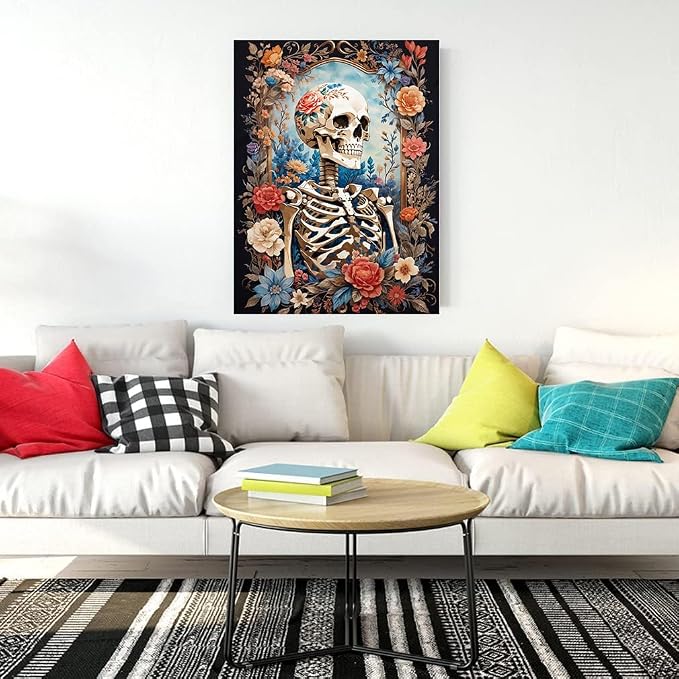 Diamond Art Kits for Adults Skull Flower Diamond Painting Kit 12x16in | 5D Skeleton Diamond Art Painting Kit for Adult, DIY Full Round Drill Skull Gem Art Diamond Dots Kits for Home Wall Decor Gift