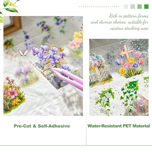 Misty Island Florals PET Pre-Cut Floral Tape Set - 6 Rolls Clear Flower Sticker Strips + 1 Clip for Scrapbook Journals Junk Journal Coastal Cottage DIY Décor