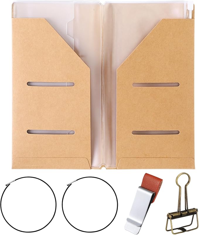 Mooliwe 1 Pack Travelers Journal Notebook Accessories Kit, Standard Size | Kraft File Folder, Zipper Case, Pen Holder, Binder Clip and Elastic Bands, Refillable Insert Organizer for Travel Journals
