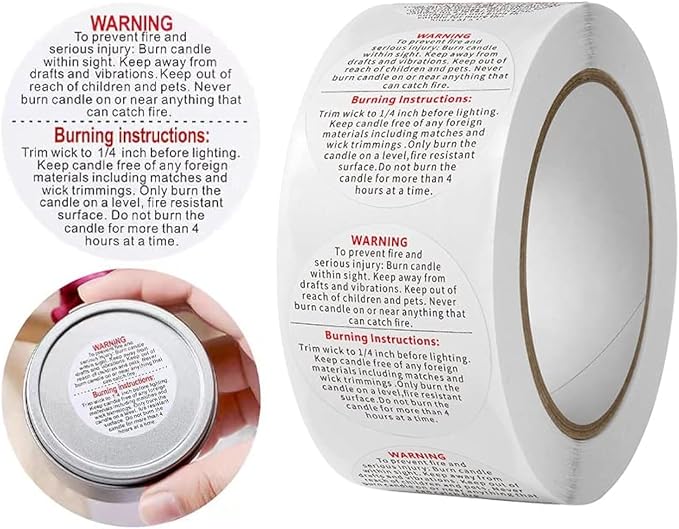 1000 Pcs Candle Warning Labels - Safety Stickers for Candle Making DIY Jars & Tins (White, 1.5 inch Round, For Jars/Tins)