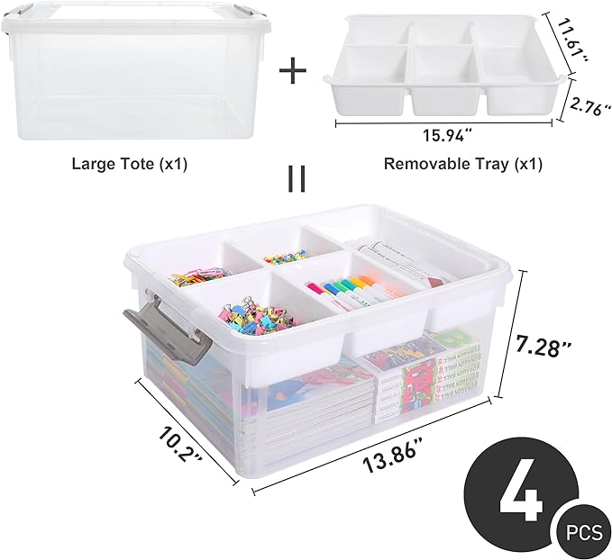 Citylife 17QT 4Packs Clear Craft Organizers and Storage Box with Tray | Stackable Art Supply Organizer Storage Bins with Lids for Beads, Markers, Sewing, Tools, Files, Office Supplies, Made in USA