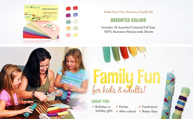 Beeswax Candle Making Kit with 10 Full Size (16" x 8") Honeycomb Beeswax Sheets in Assorted Colors and 18 Feet of Cotton Wick - Candle Making Supplies for DIY Craft Kit Made in USA